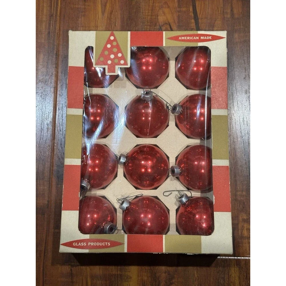 Lot of (36) Vintage Coby Glass Red 2-1/4” Round Christmas Tree Ornaments in Box